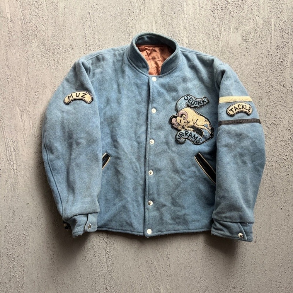 Vintage Wool Varsity Jacket Medium Blue 1950s Selkirk Jr Rams Patch Wool